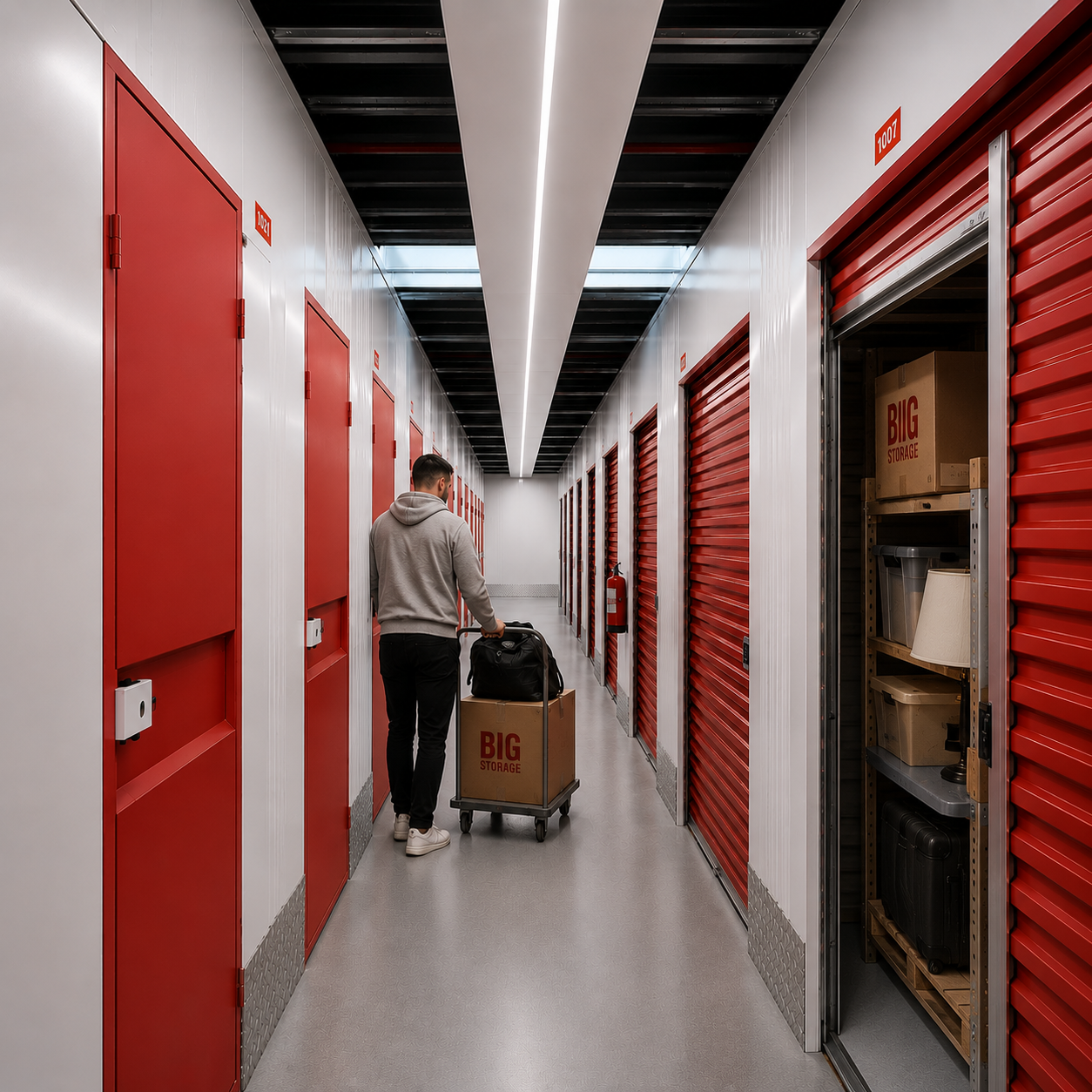 BIIG Self Storage minilaobokside koridor punaste ustega mõlemal poolel. Inimene lükkab käru kartonkarbiga. Avatud boksis nähtavad riiulid esemete ja karpidega. Puhas, hästi valgustatud koridor.