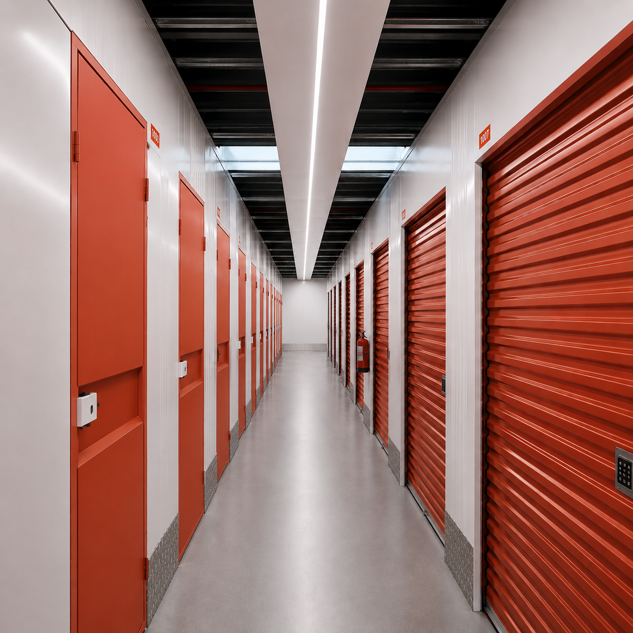 BIIG Self Storage minilaobokside koridor punaste ustega mõlemal poolel. Bokside juures digitaalsed koodlukud. Puhas hele sein ja LED-valgustus. Tühi, korras koridor.